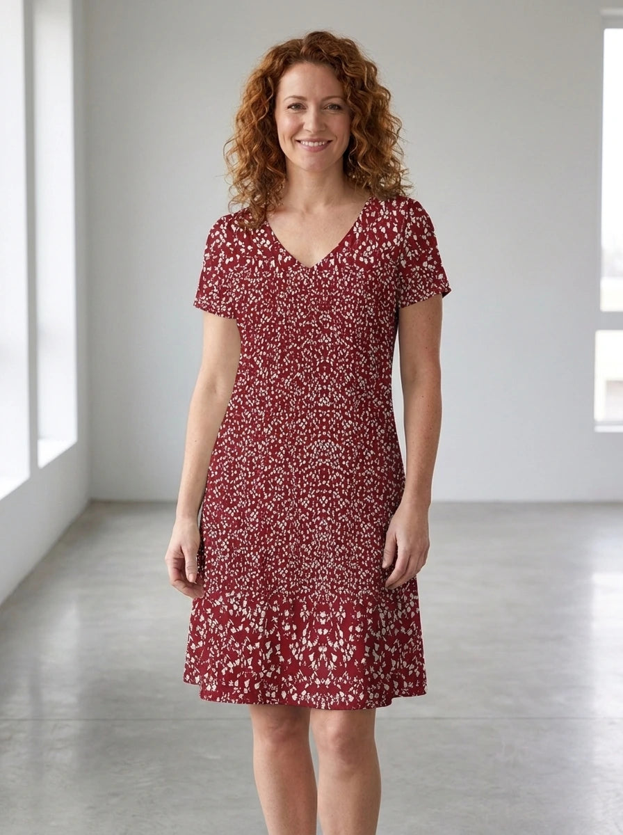 Driftly women's red floral 3D print V-neck A-line sundress, in a minimalist studio setting.