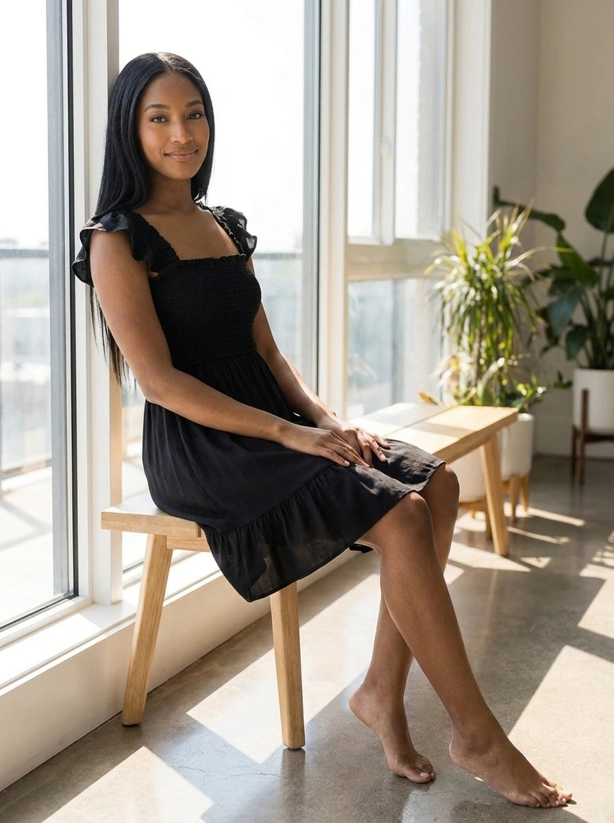 Driftly women's black smocked square-neck sundress, seated in a bright sunlit interior.