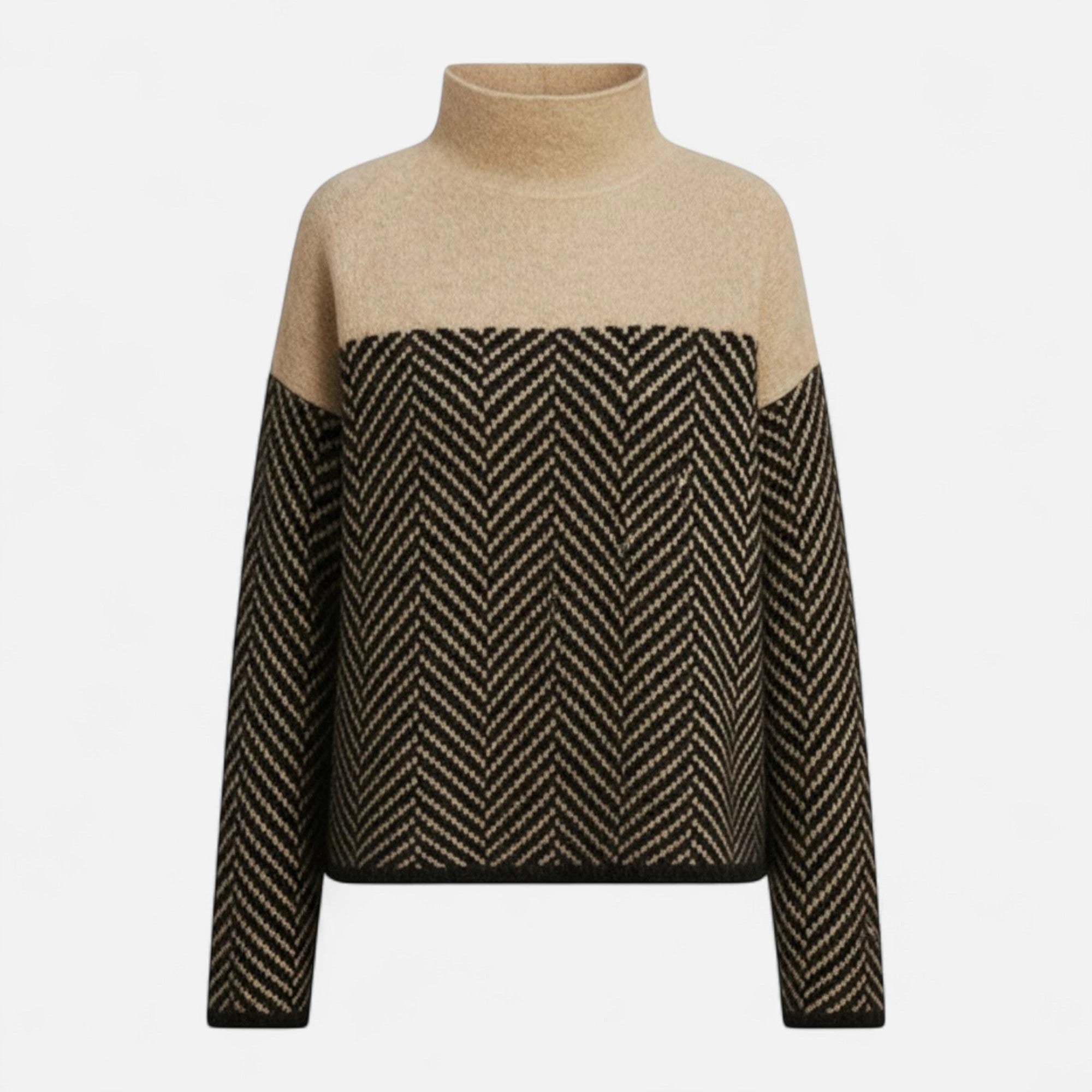Apricot and black colorblock wool turtleneck knit sweater flat lay
