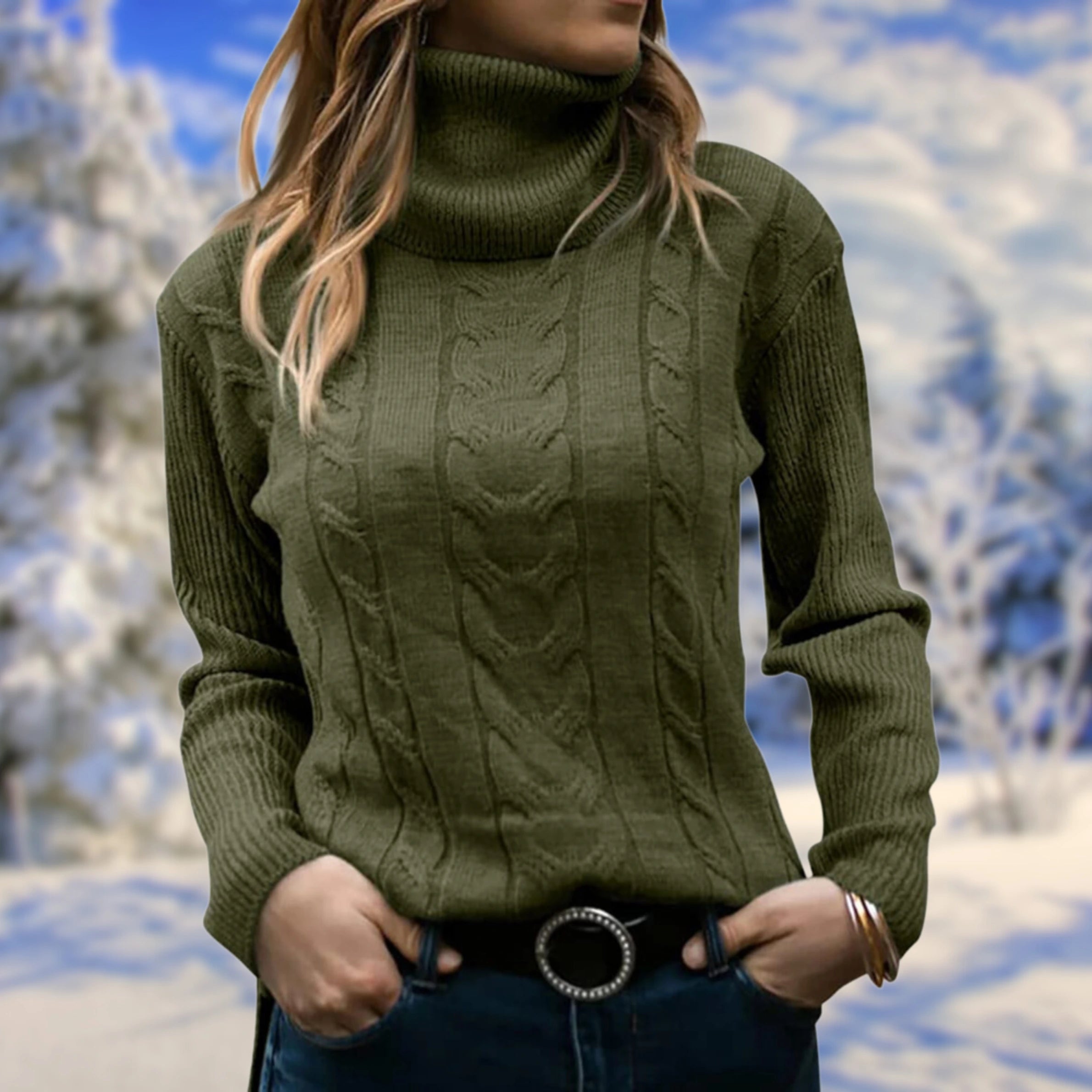 Army green cable-knit turtleneck sweater on model