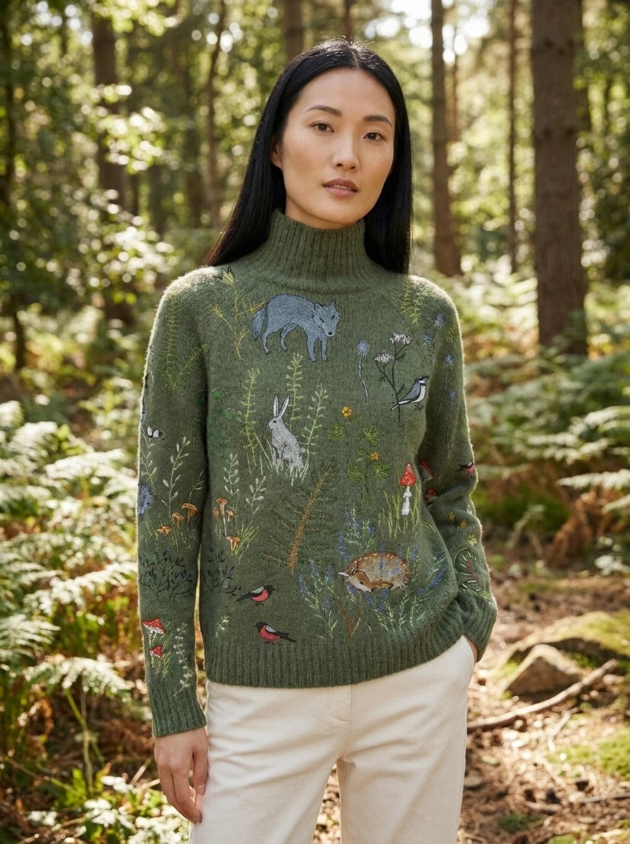 Army green turtleneck sweater with woodland animal print, outdoor forest setting
