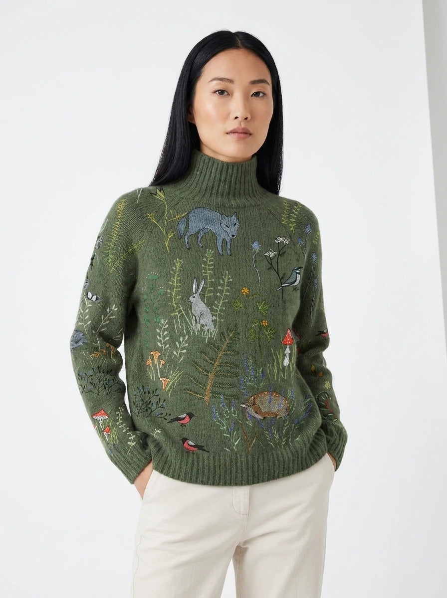 Army green turtleneck sweater with woodland animal print, studio portrait