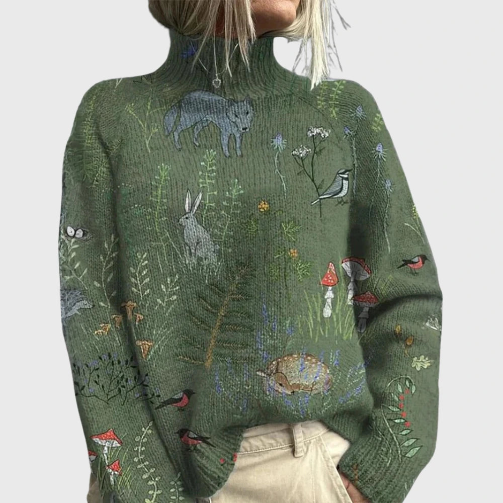 Army green turtleneck sweater with woodland animal print, front view