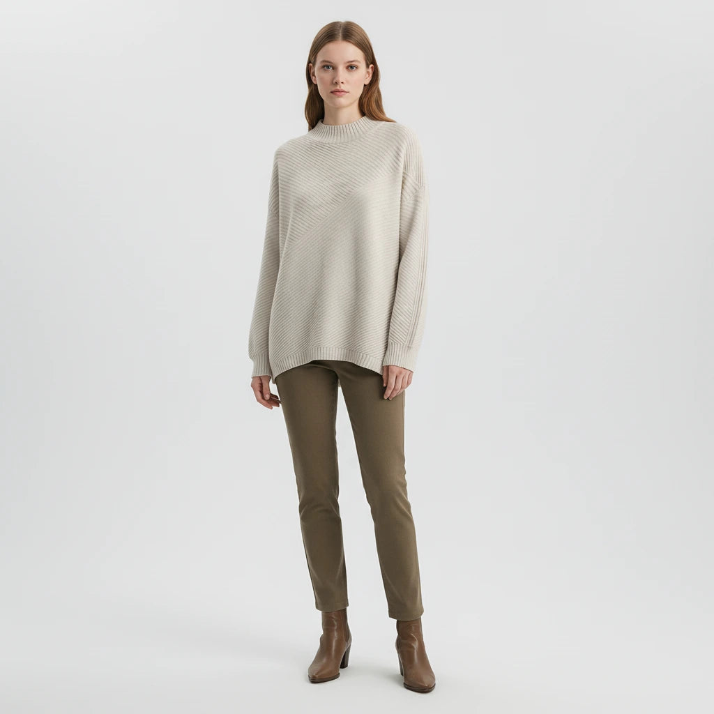 Beige diagonal rib oversized mock neck sweater, front view