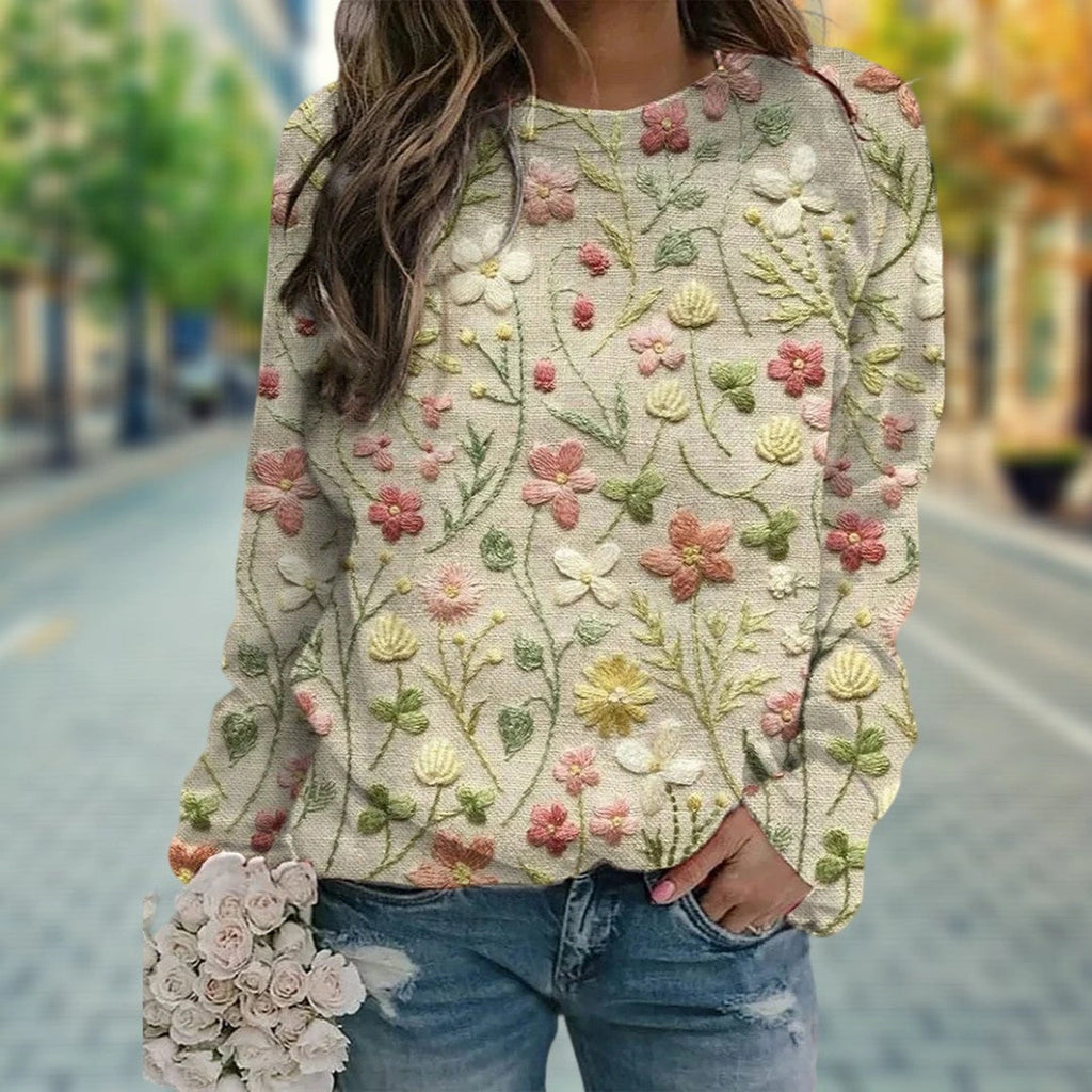 Driftly beige floral embroidered cotton crew neck sweater on model, street