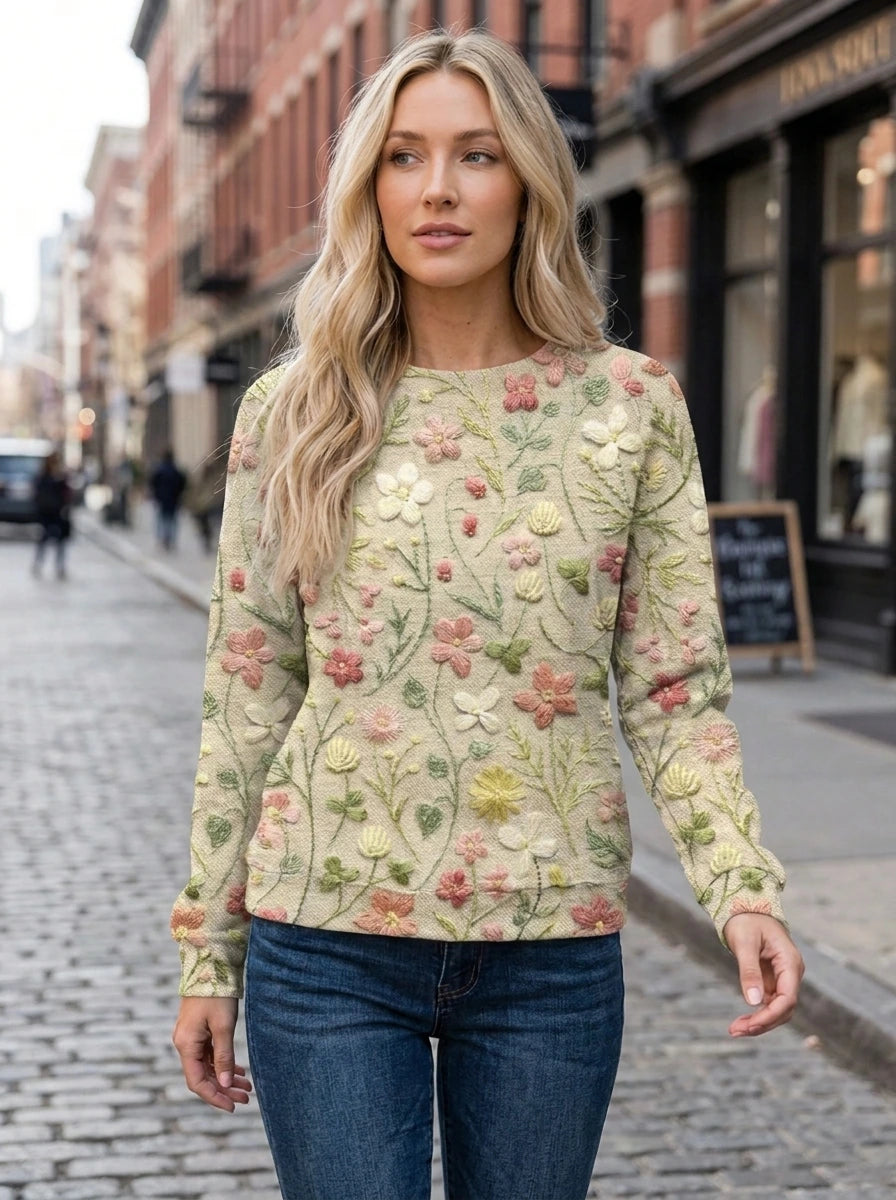 Driftly beige floral embroidered cotton crew neck sweater on model, city street