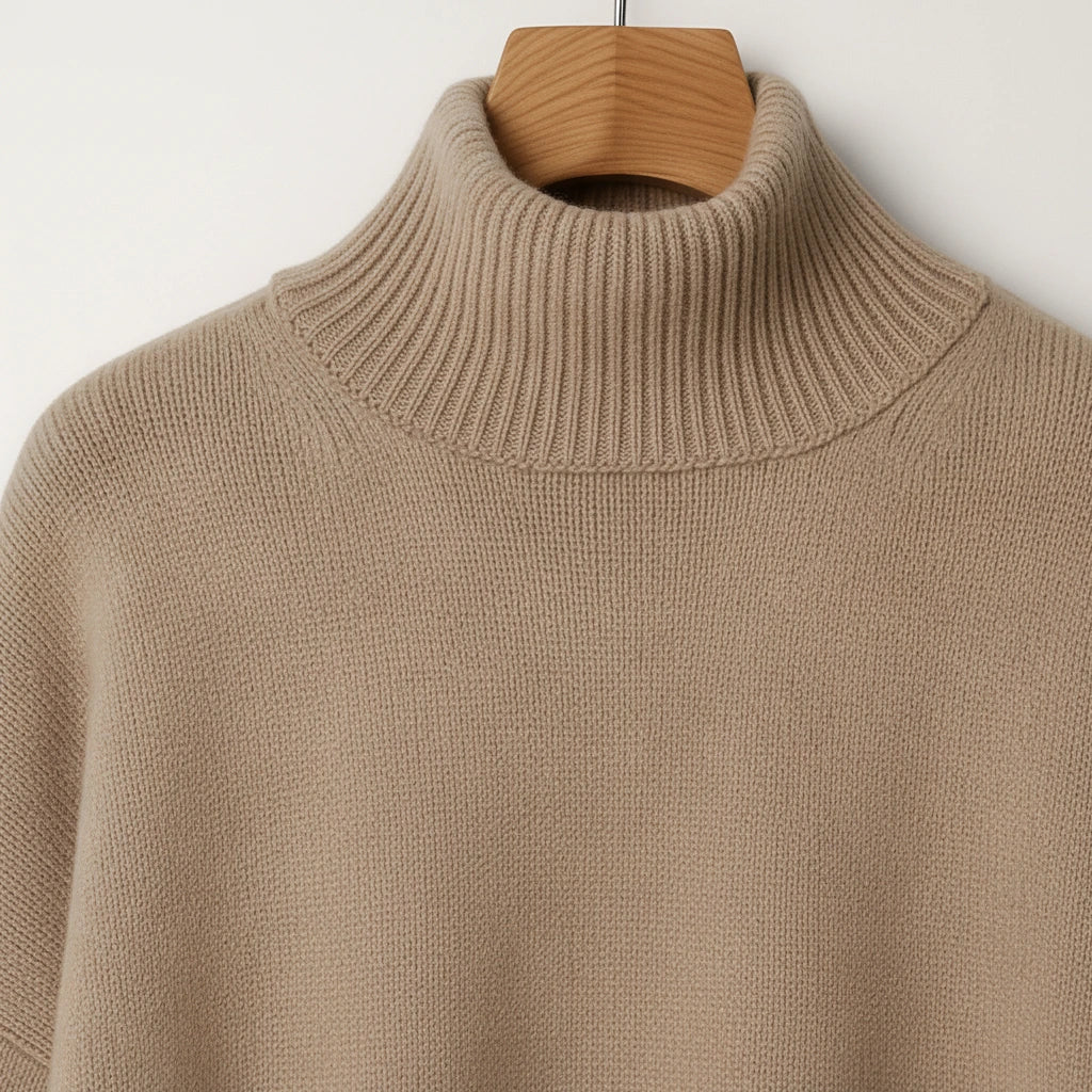 Beige turtleneck sweater, close-up of ribbed collar