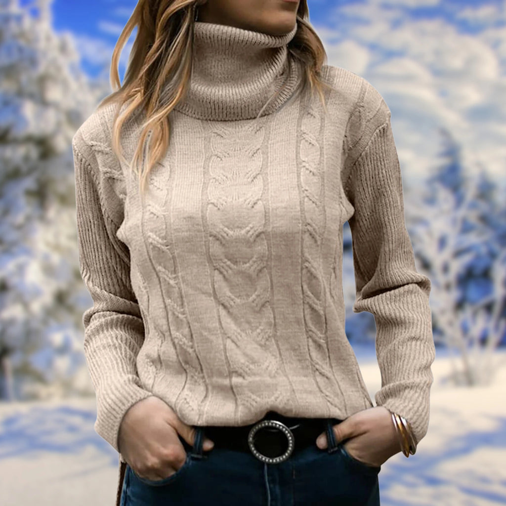 Beige cable-knit turtleneck sweater on model