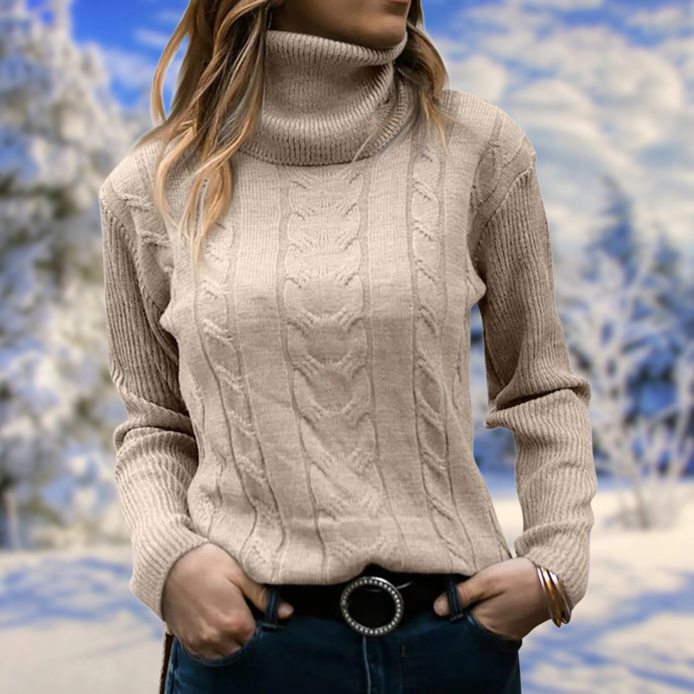 Beige cable-knit turtleneck sweater on model