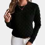 Black bobble knit sweater, close view of ribbed crew neckline