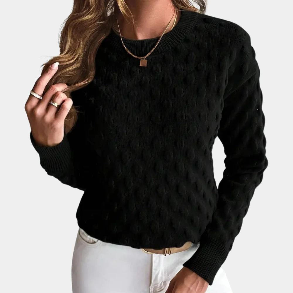 Black bobble knit sweater, close view of ribbed crew neckline
