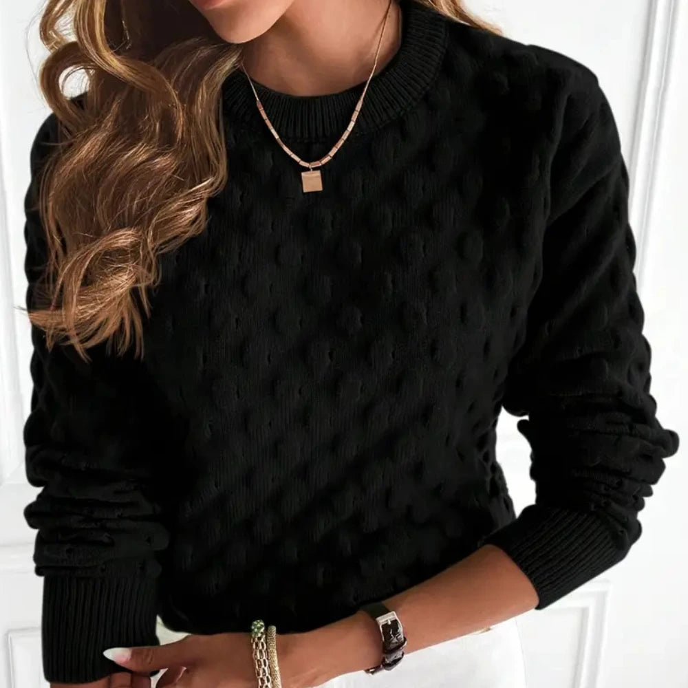 Black bobble knit sweater, close-up of textured knit and neckline