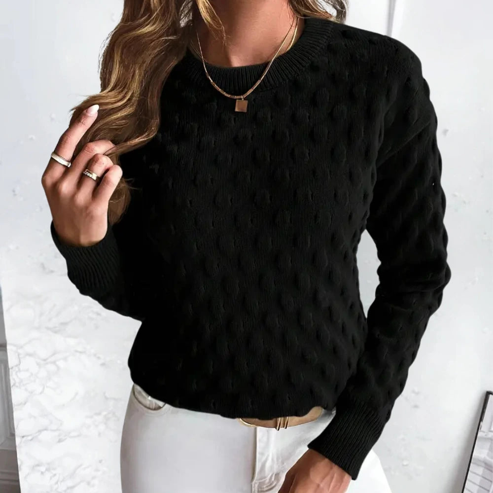 Black bobble knit crew neck sweater, front view