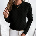 Black bobble knit crew neck sweater, front view