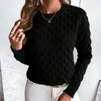 Black bobble knit crew neck sweater, front view