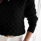 Black bobble knit sweater, close-up of sleeve and ribbed cuff