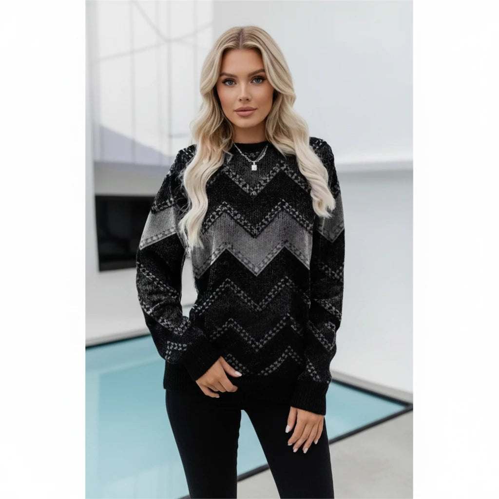 Black chevron patterned crew neck sweater, front view
