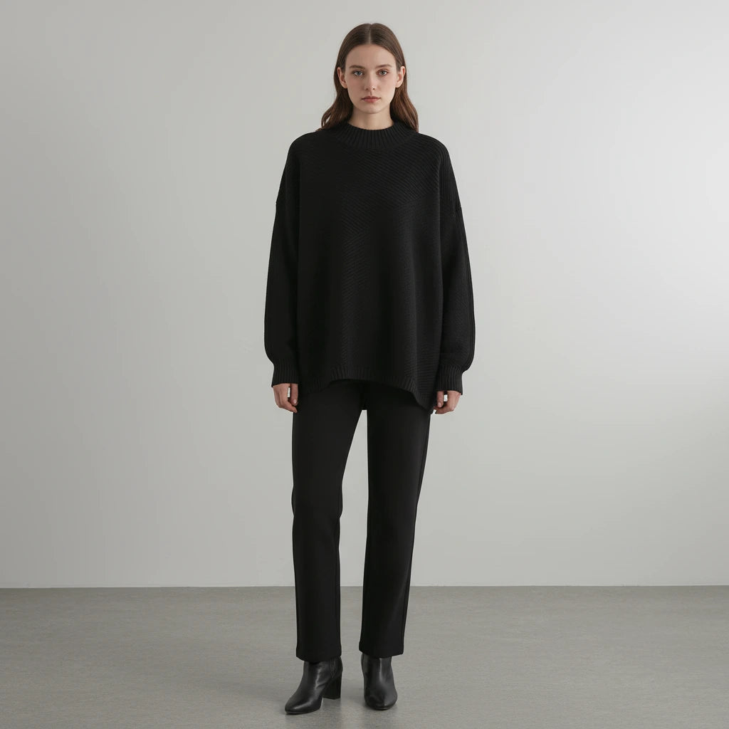 Black diagonal rib oversized mock neck sweater, front view