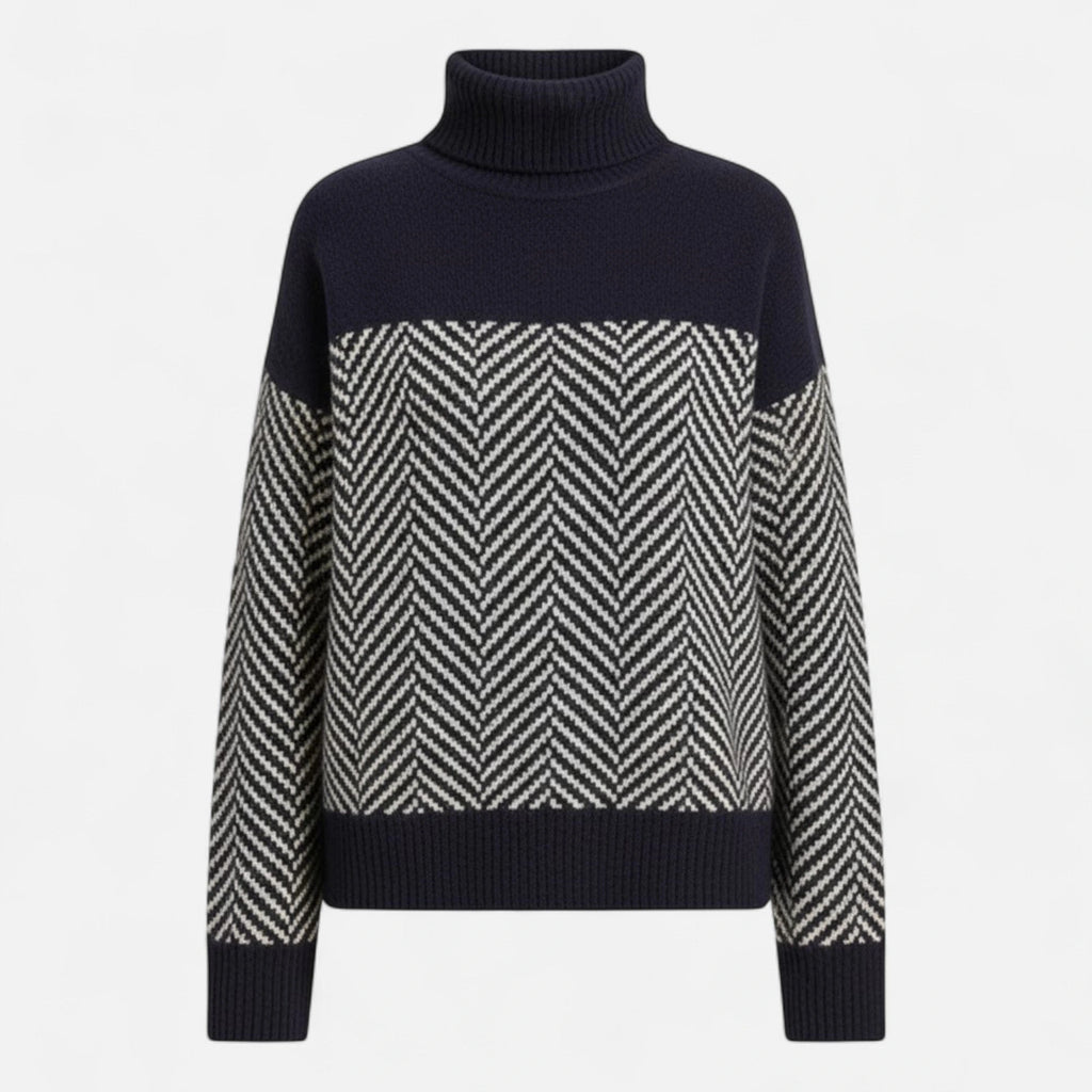 Black and grey colorblock wool turtleneck knit sweater flat lay