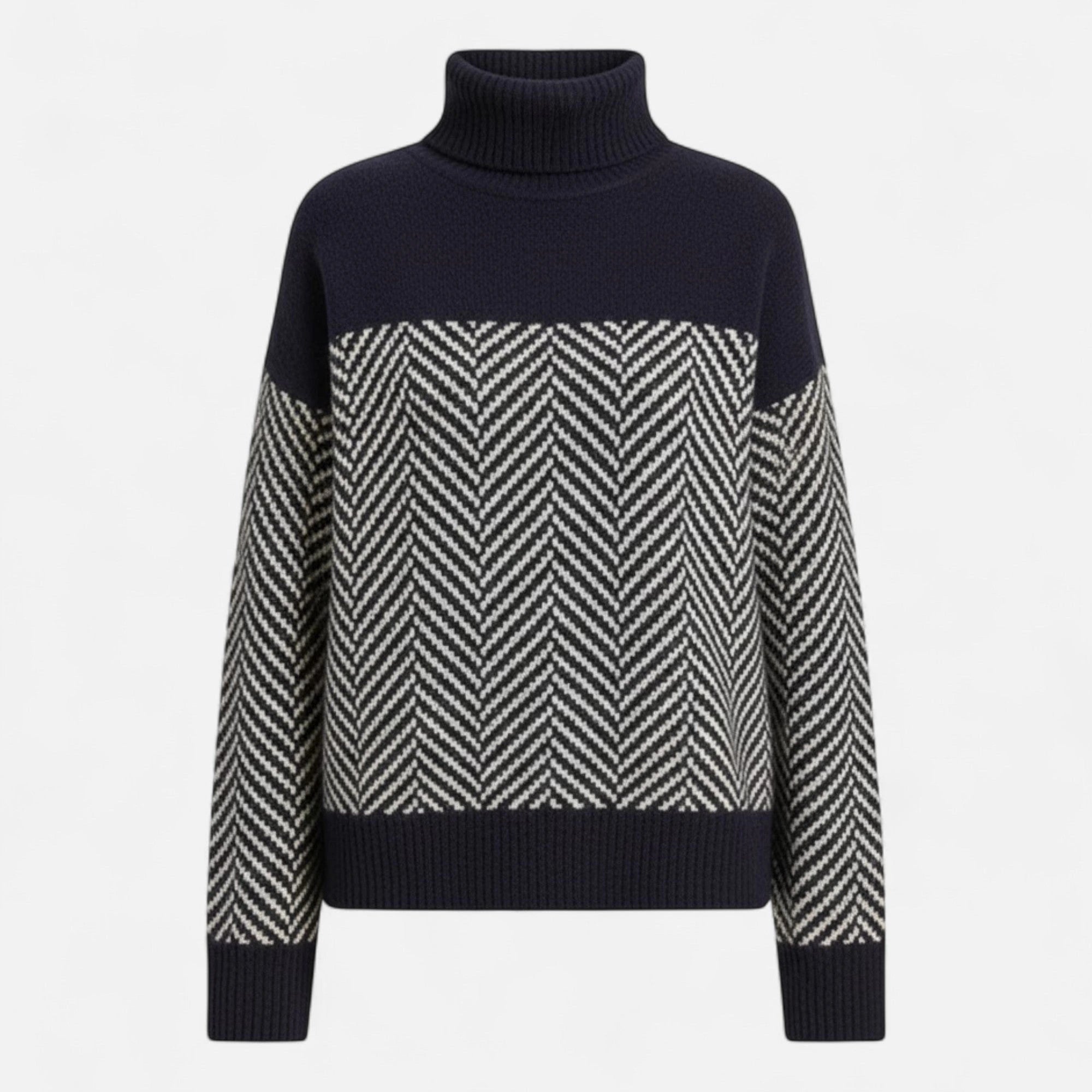 Black and grey colorblock wool turtleneck knit sweater flat lay