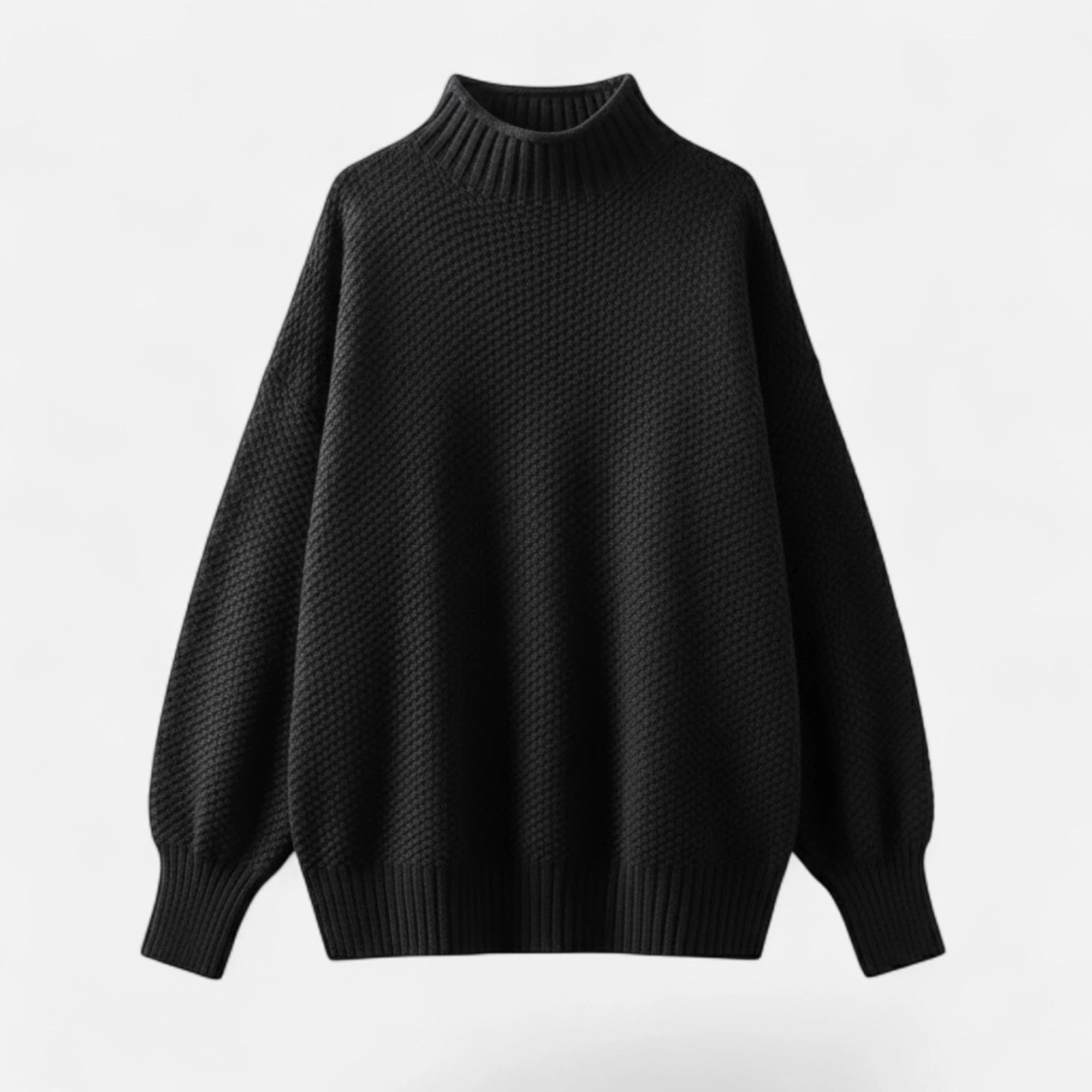 Black plus-size mock-neck knit sweater, flat lay