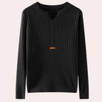 Black ribbed knit sweater with notched neck and button placket, flat lay
