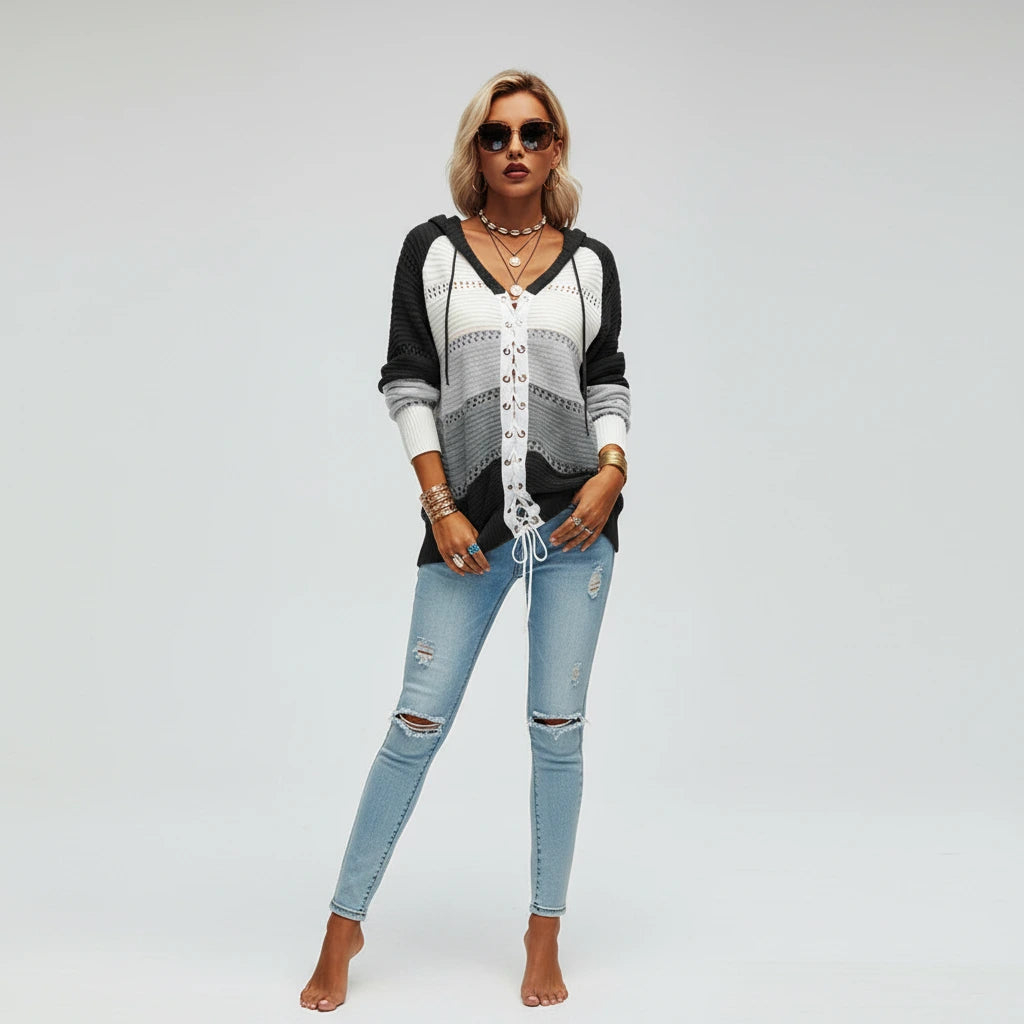 Black hooded lace-up sweater with openwork panels, front view