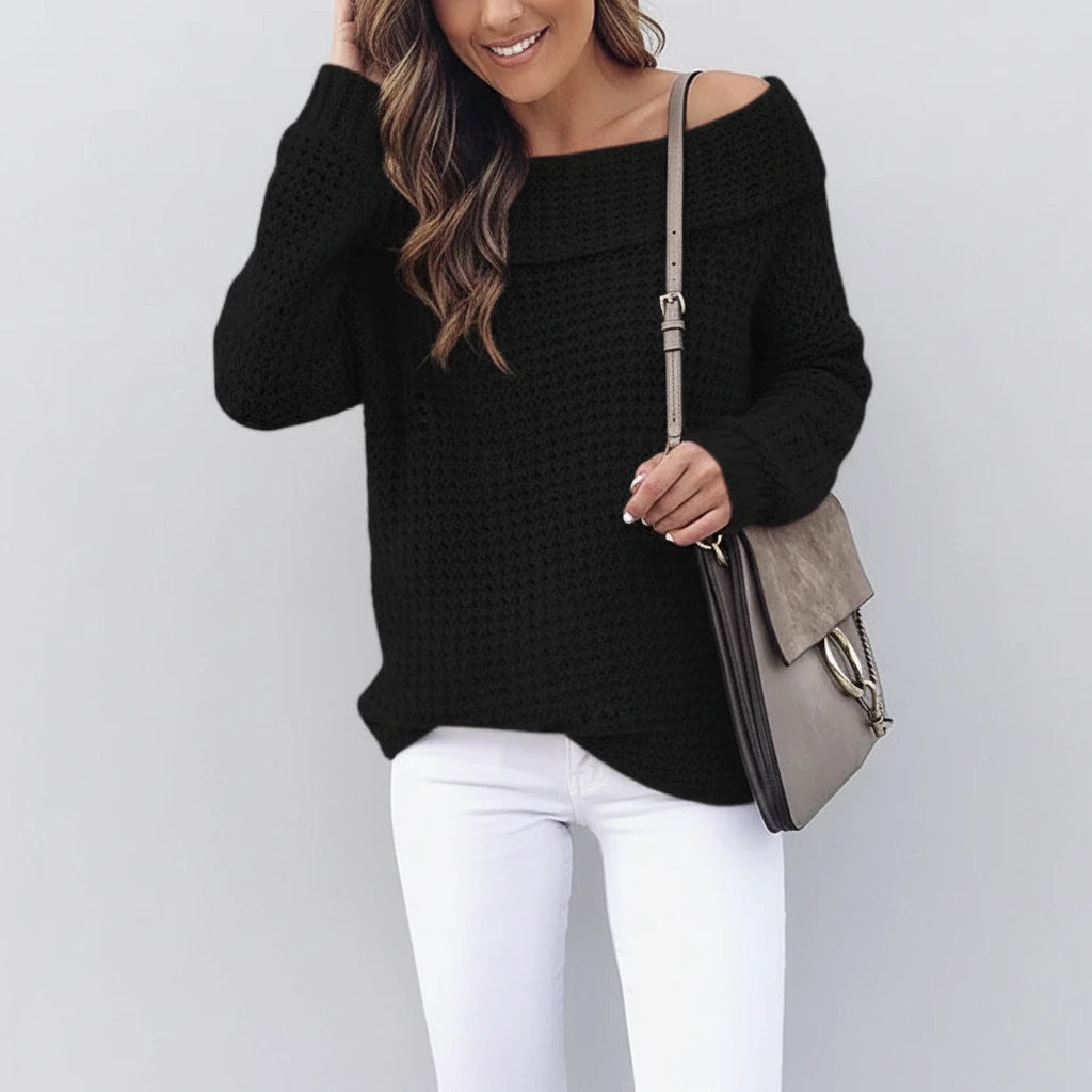 Driftly women's black off-shoulder relaxed long sleeve sweater, front view