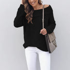 Driftly women's black off-shoulder relaxed long sleeve sweater, front view