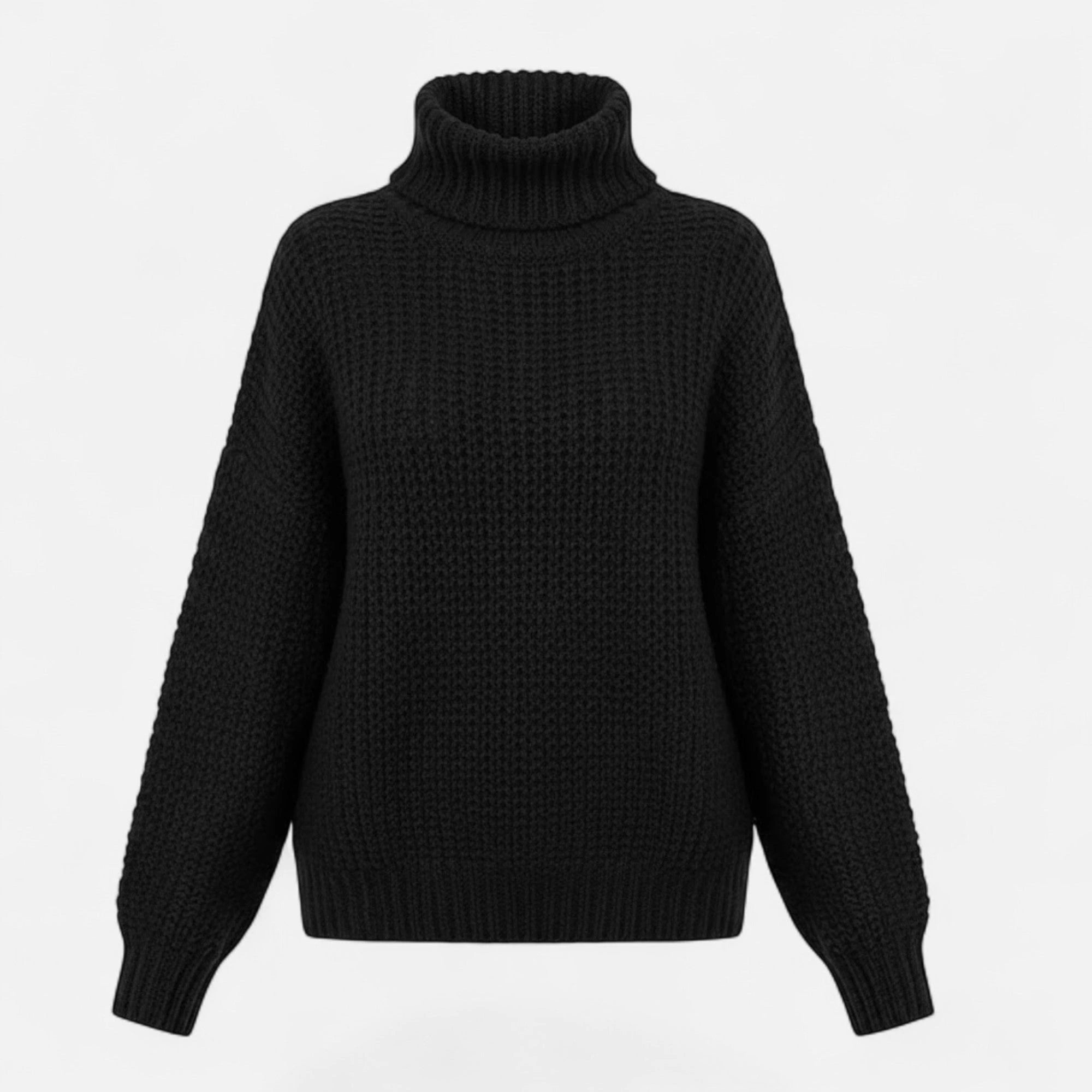 Black wool-blend turtleneck chunky knit sweater, front view