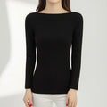 Woman wearing black ribbed boat neck sweater, studio photo