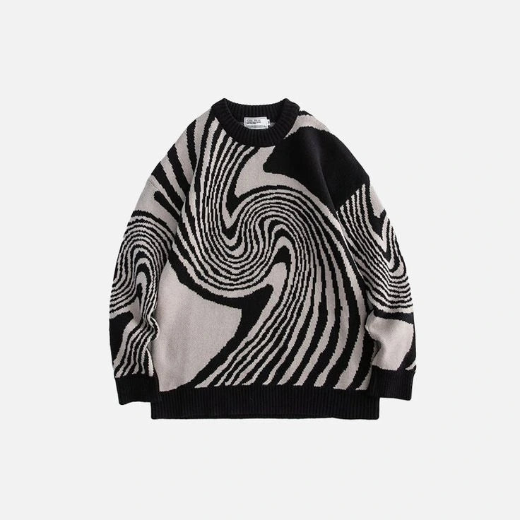 Driftly black and white swirl pattern knitted pullover, flat lay view
