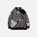 Driftly black and white swirl pattern knitted pullover, flat lay view