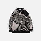 Driftly black and white swirl pattern knitted pullover, flat lay view
