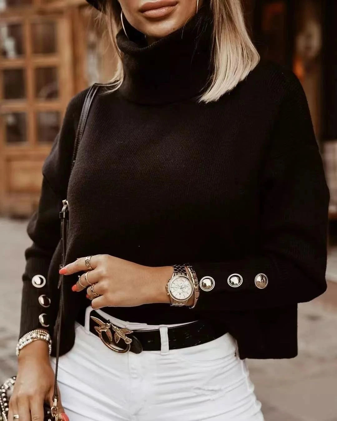 Driftly ribbed turtleneck sweater in black with button sleeve detail