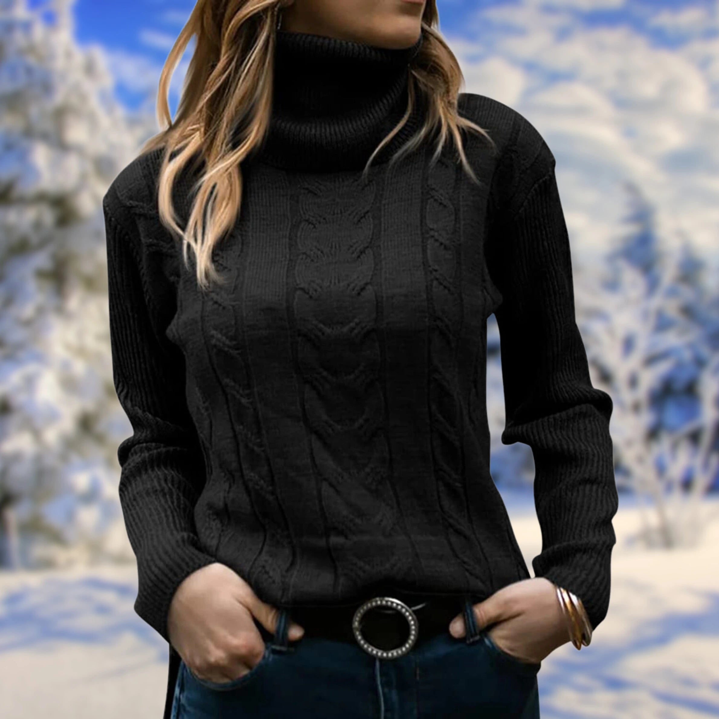 Black cable-knit turtleneck sweater on model