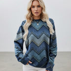 Blue chevron patterned crew neck sweater, front view