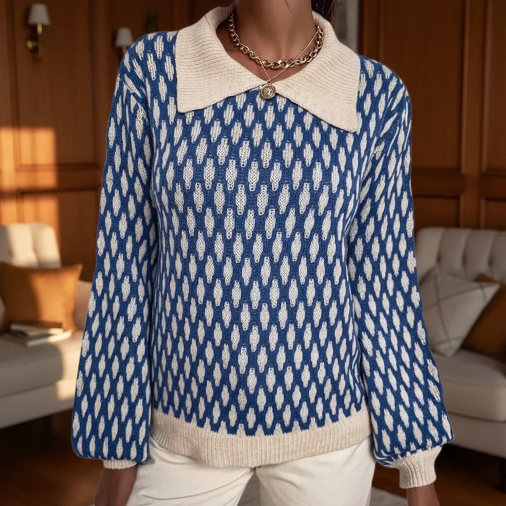 Blue patterned collared sweater, close-up of collar detail