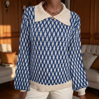 Blue patterned collared sweater, close-up of collar detail