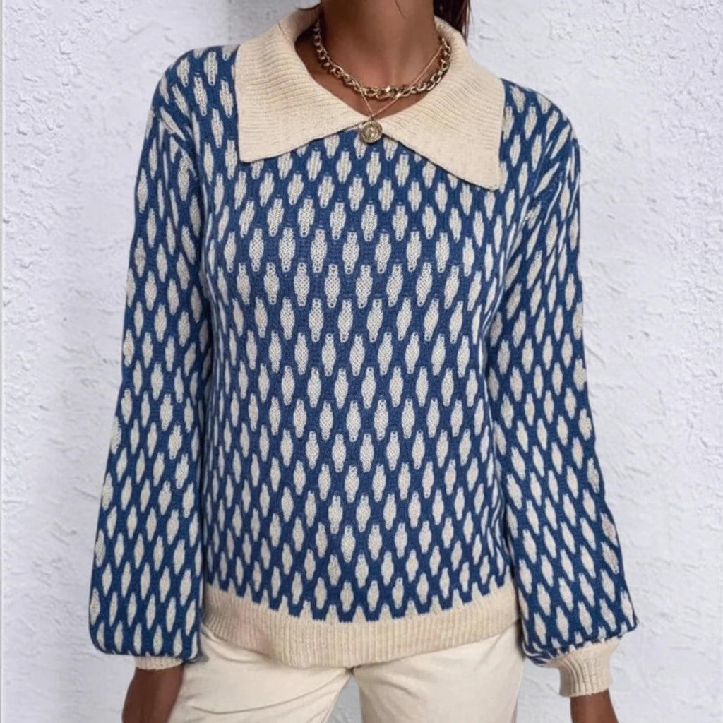 Blue patterned collared sweater, front view