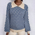 Blue patterned collared sweater, front view
