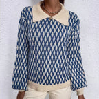 Blue patterned collared sweater, front view