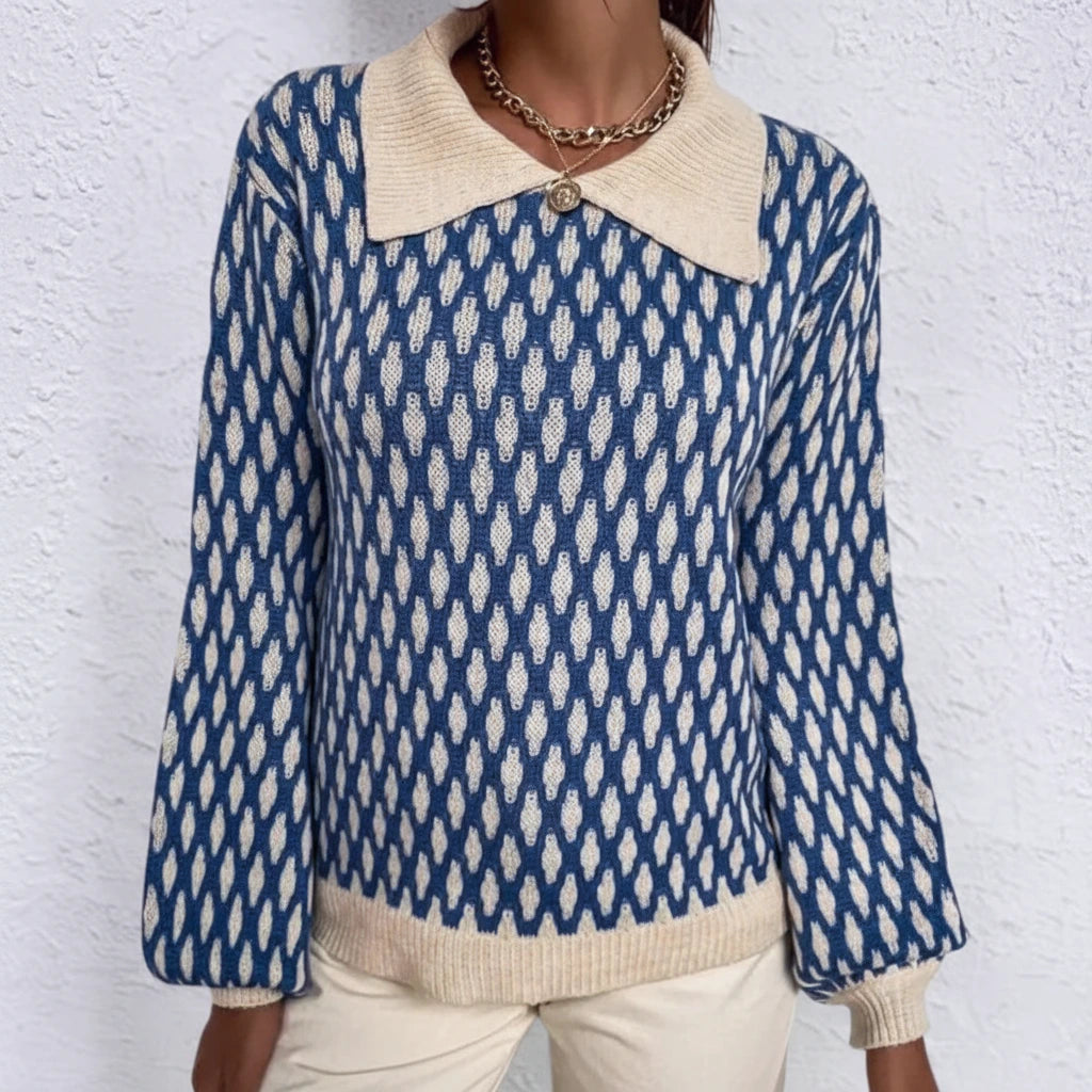 Blue patterned collared sweater, side view