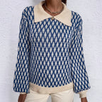 Blue patterned collared sweater, side view
