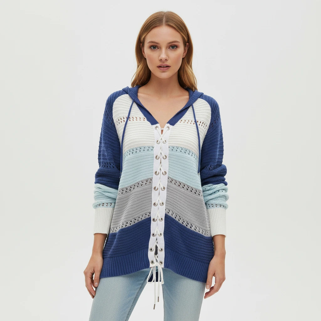 Blue hooded lace-up sweater with openwork panels, front view