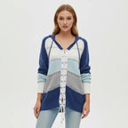 Blue hooded lace-up sweater with openwork panels, front view