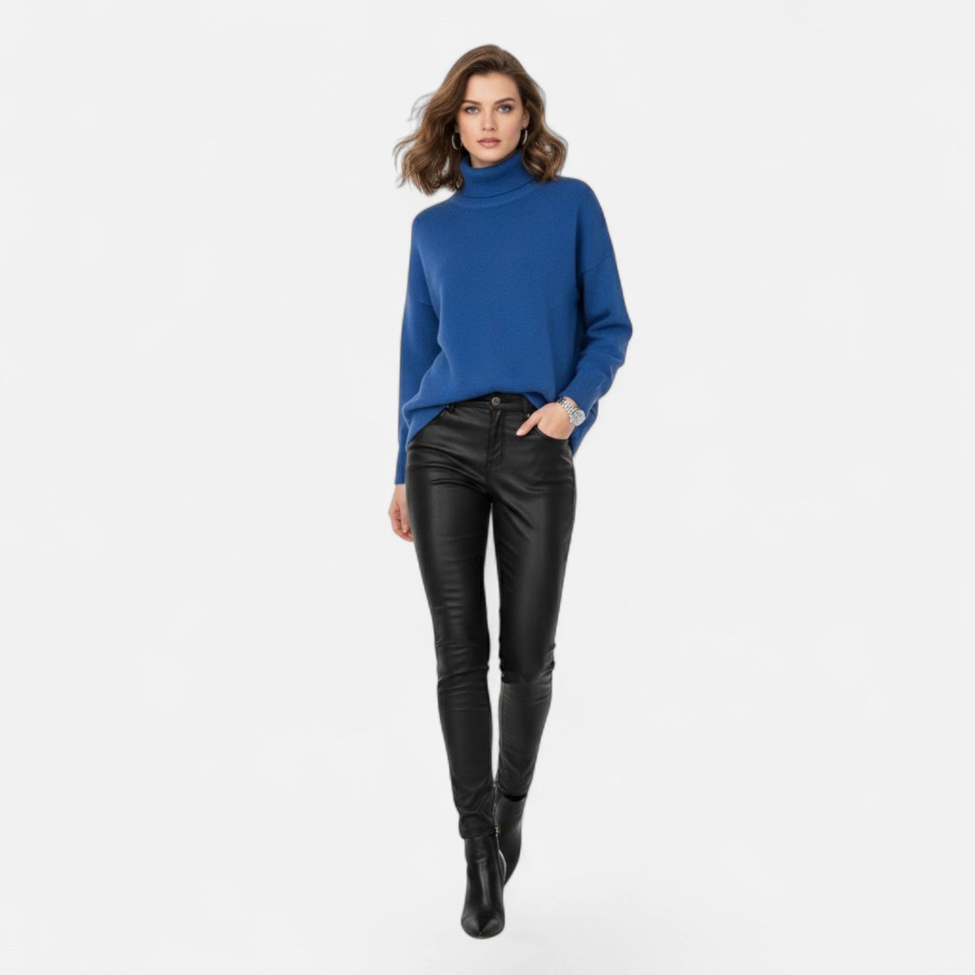 Blue oversized turtleneck sweater on model
