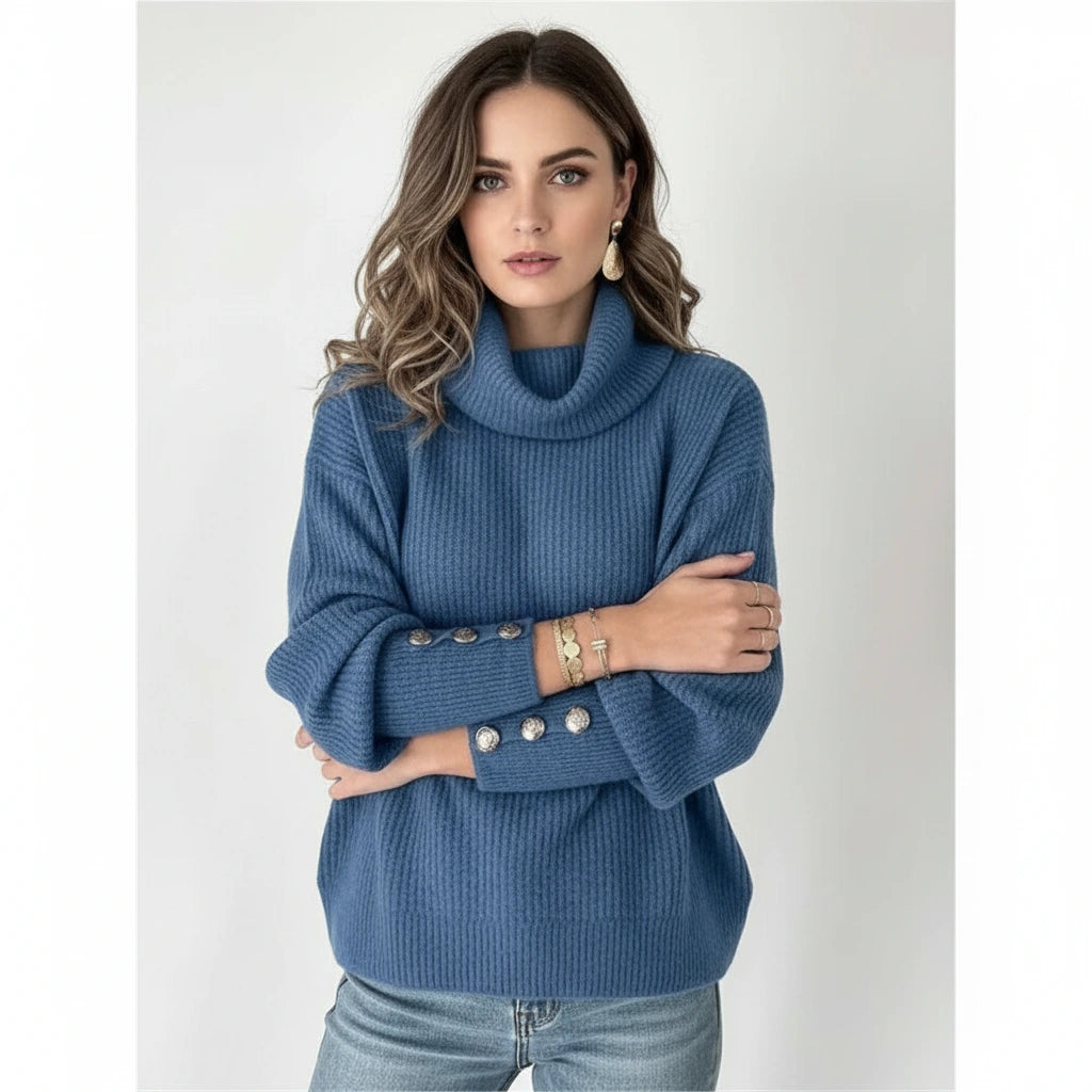 Woman wearing blue ribbed cowl neck sweater with button cuffs, studio photo