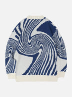 Driftly navy and white swirl pattern knitted pullover, back view
