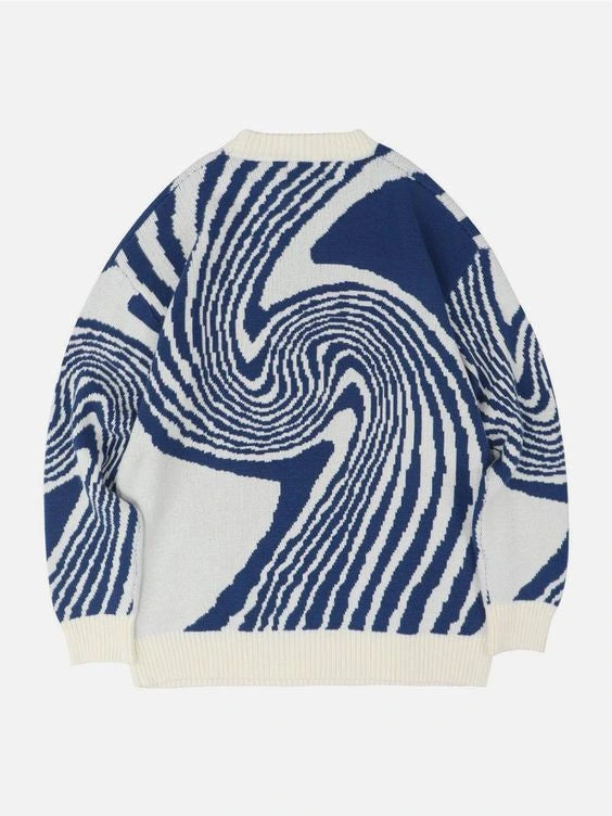 Driftly navy and white swirl pattern knitted pullover, back view